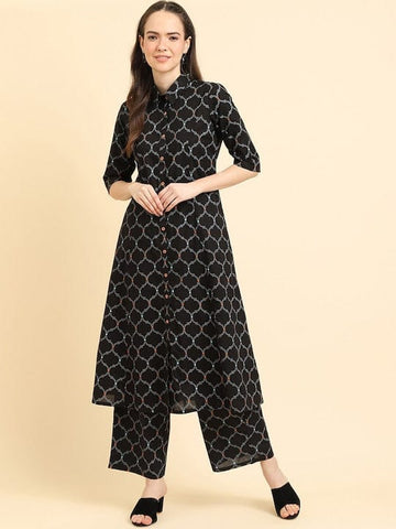 Varanga Women Black Geometrical Printed Shirt Collar Kurta Paired With Tonal Printed Bottom